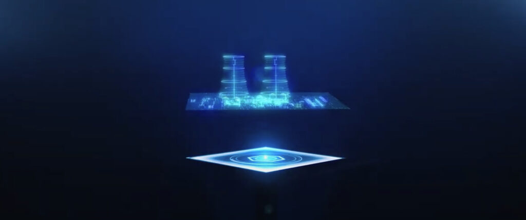 Glowing, floating illustrated nuclear plant